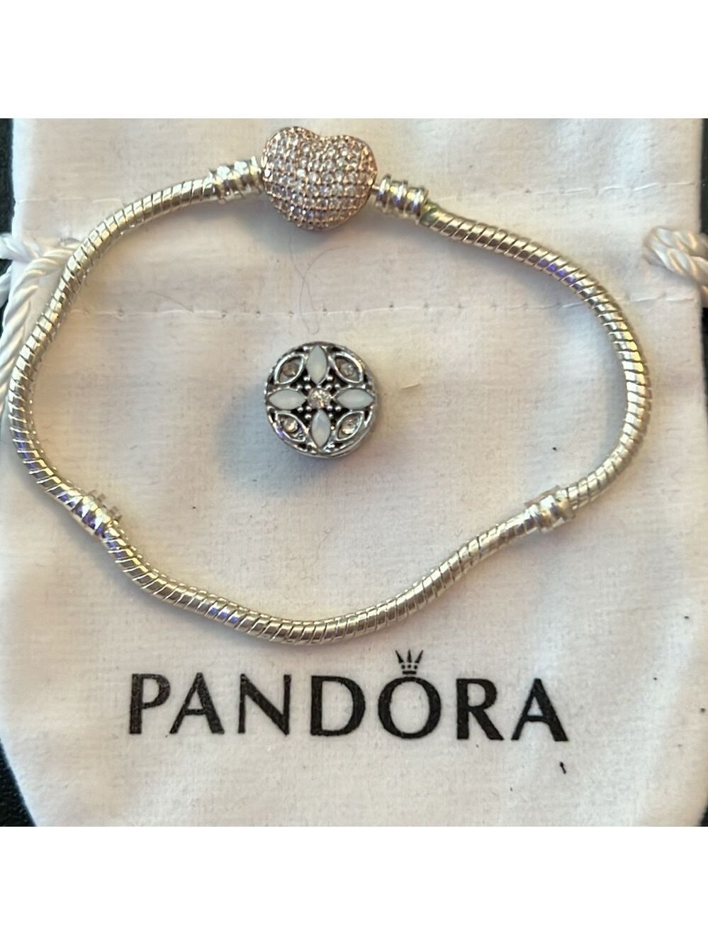 PANDORA STERLING SILVER MOMENTS SNAKE CHAIN CHARM BRACELET HEART CLASP